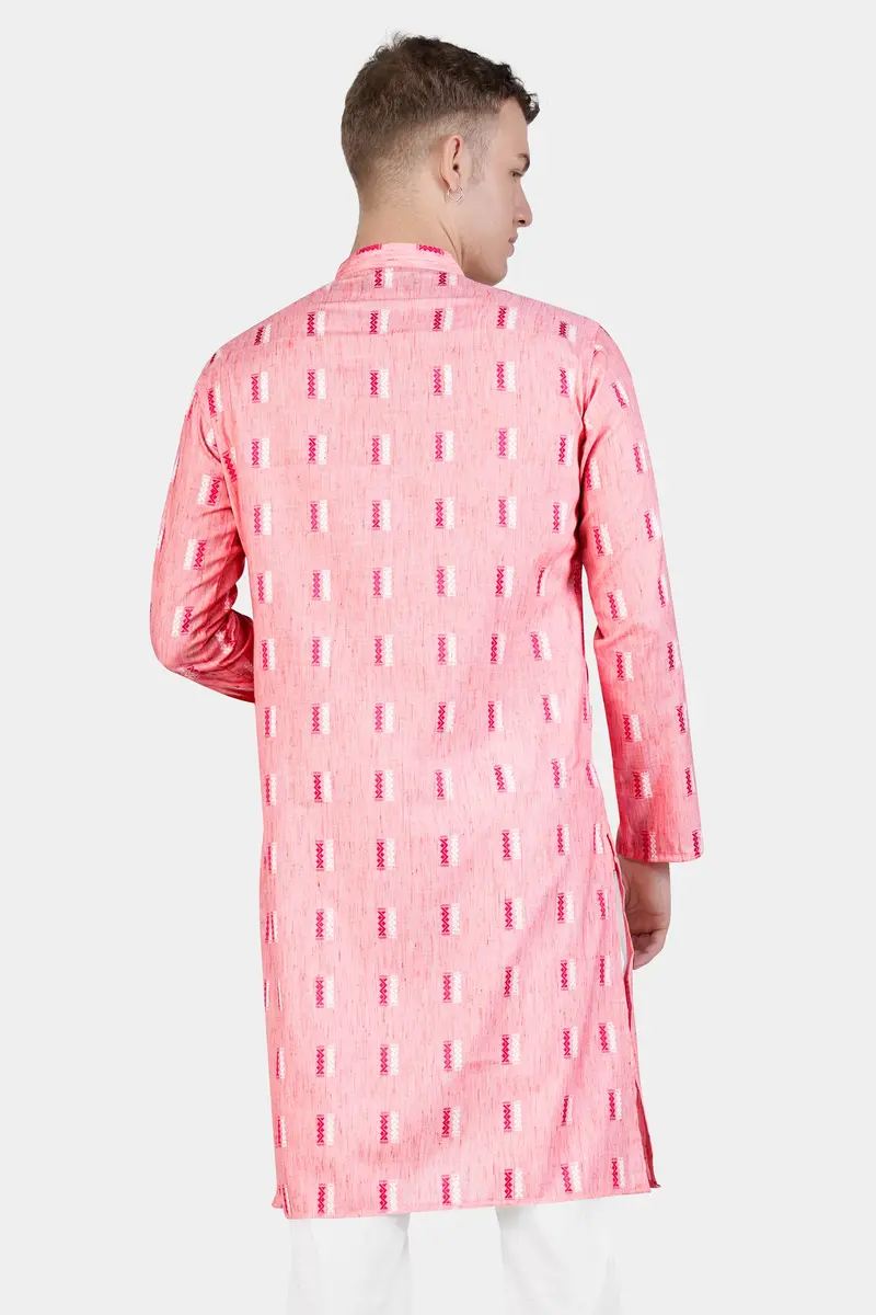 Light Rose Pink Zig-Zag Textured Jacquard Premium Giza Cotton Kurta 7