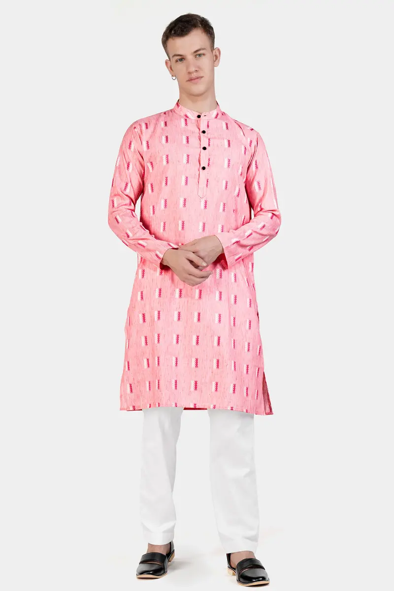 Light Rose Pink Zig-Zag Textured Jacquard Premium Giza Cotton Kurta 8