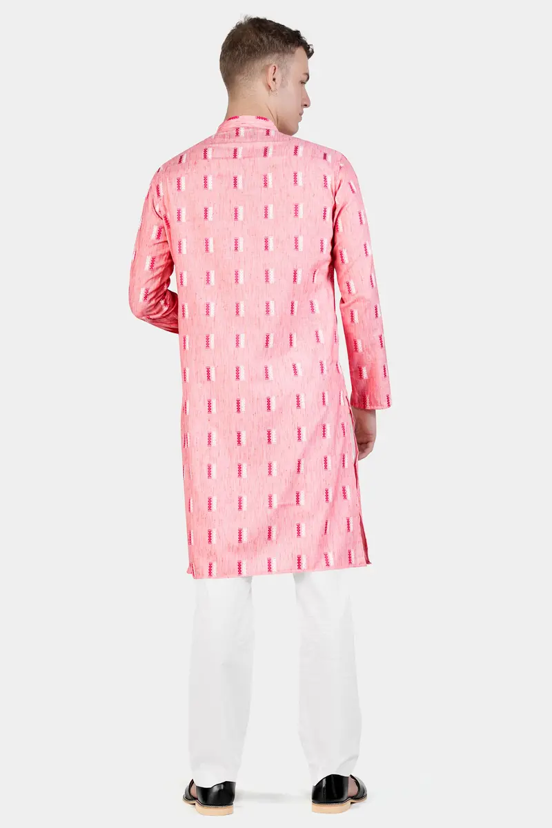 Light Rose Pink Zig-Zag Textured Jacquard Premium Giza Cotton Kurta 9