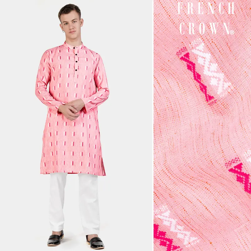 Light Rose Pink Zig-Zag Textured Jacquard Premium Giza Cotton Kurta Set 1