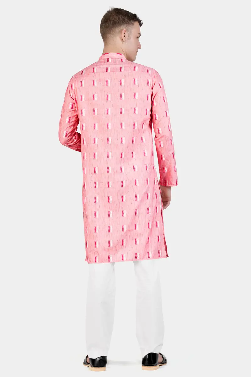 Light Rose Pink Zig-Zag Textured Jacquard Premium Giza Cotton Kurta Set 7