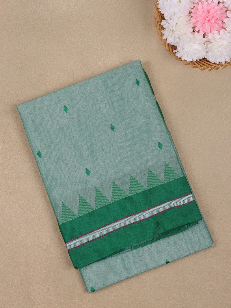 Light Sage Green Diamond Motif Design Cotton Saree With Contrast Bottle Green Temple Border 1