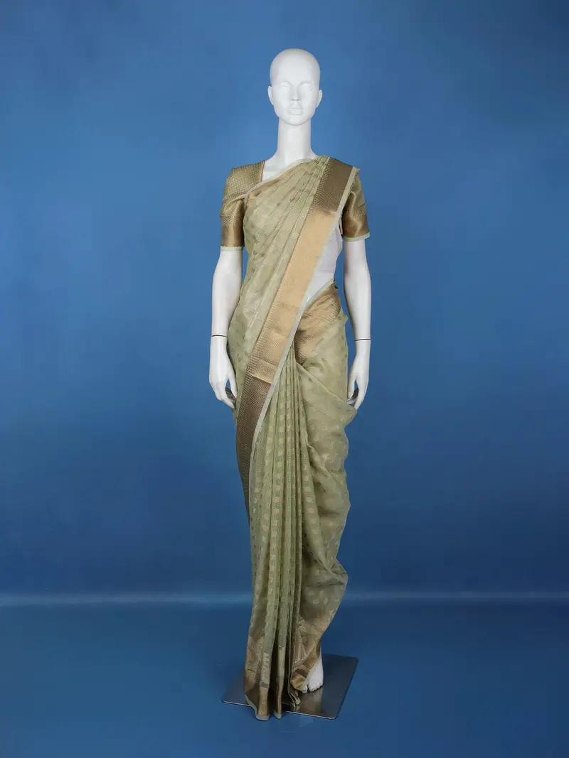 Light Sage Green Leaf Design Semi Tussar Saree 1