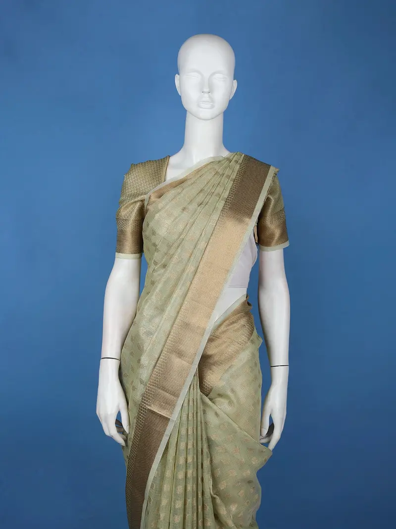 Light Sage Green Leaf Design Semi Tussar Saree 2