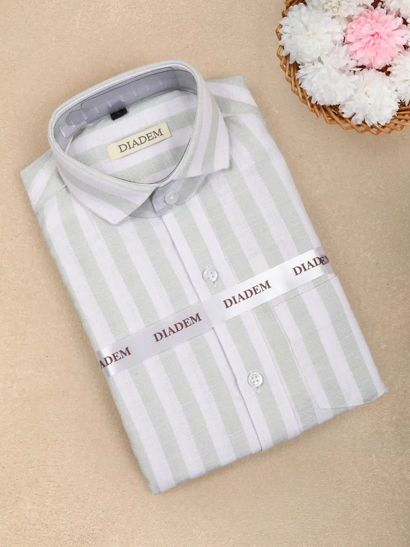 Light Sage Green Striped Design Cotton Kid's Shirt 1
