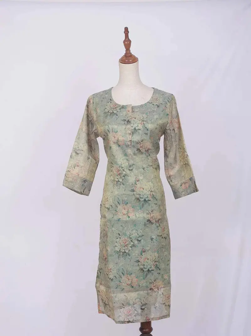 Light Teal Green Cotton Kurti Top Adorned With Flower Design Prints Without Dupatta 1