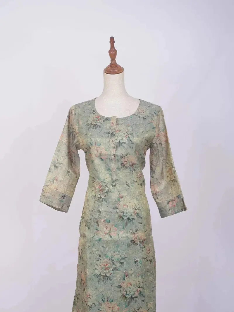 Light Teal Green Cotton Kurti Top Adorned With Flower Design Prints Without Dupatta 2