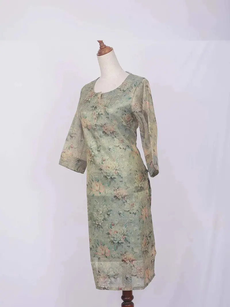 Light Teal Green Cotton Kurti Top Adorned With Flower Design Prints Without Dupatta 3