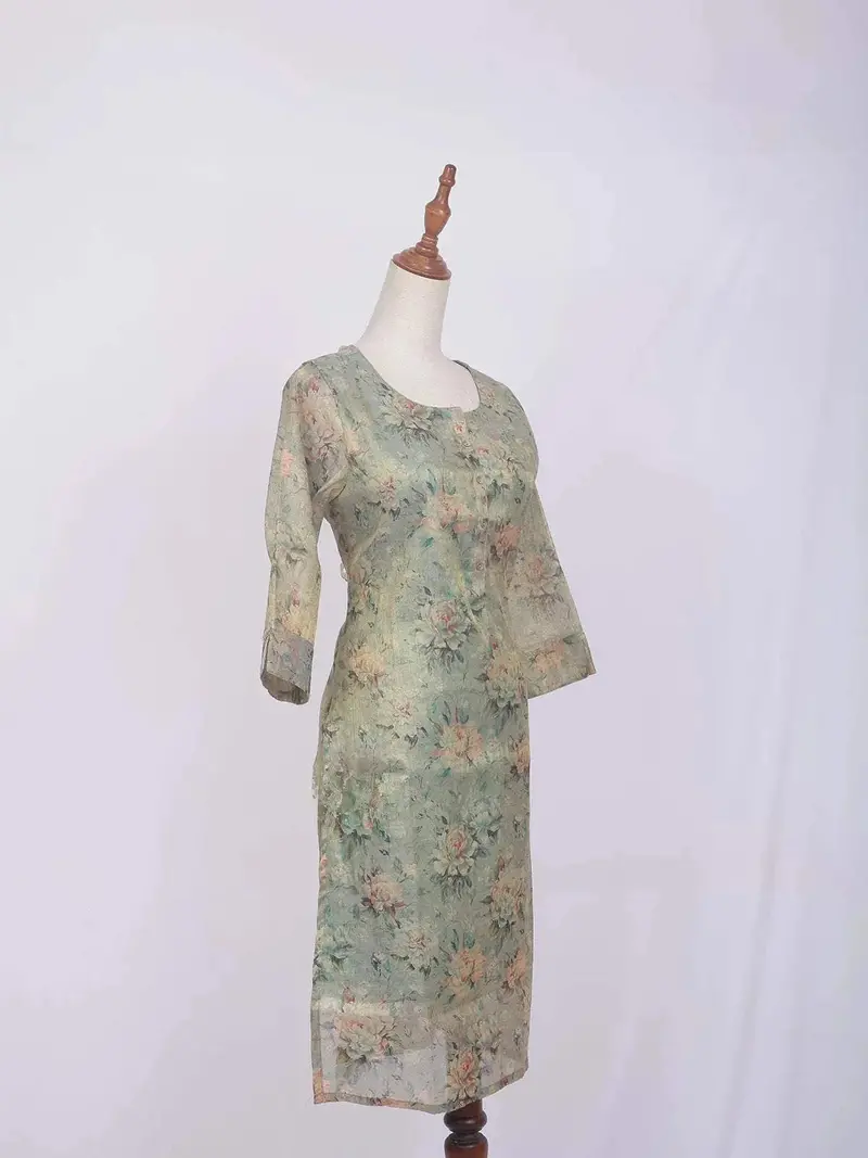 Light Teal Green Cotton Kurti Top Adorned With Flower Design Prints Without Dupatta 4