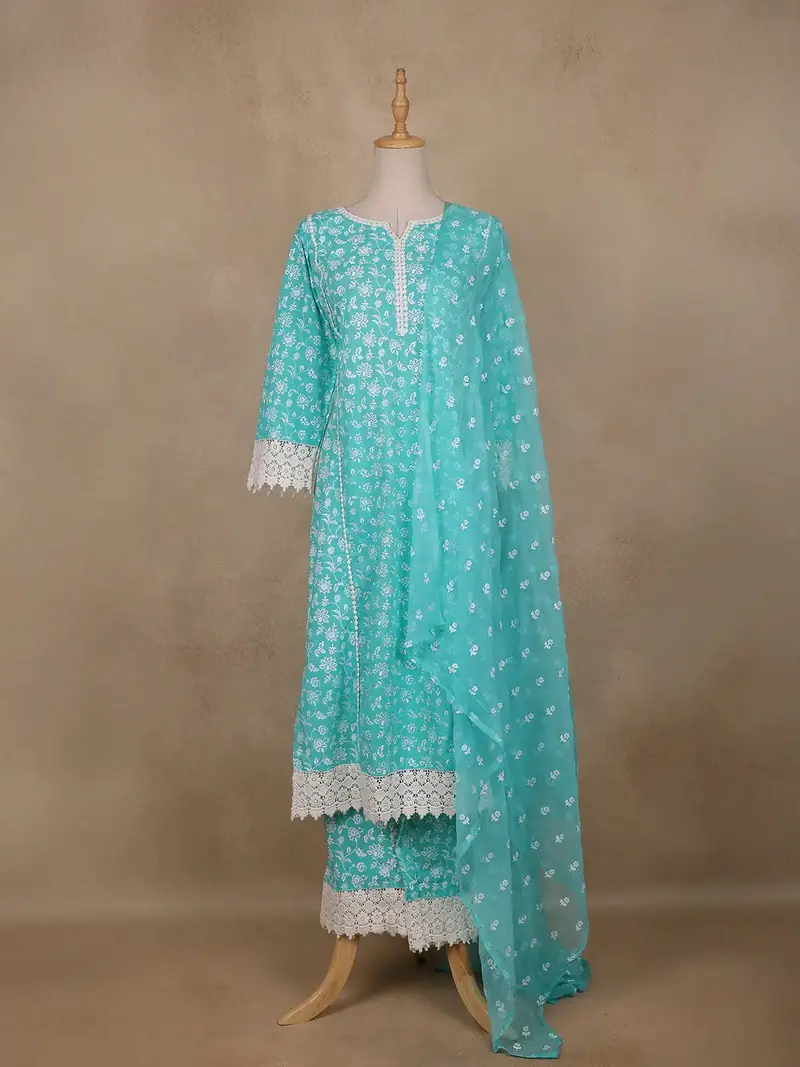 Light Turquoise Blue Floral Printed Cotton Salwar Suit 1