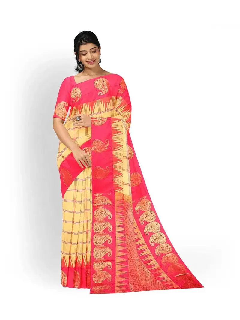 Light Yellow Art Silk Saree With Checked Body & Contrast Zari Border 1