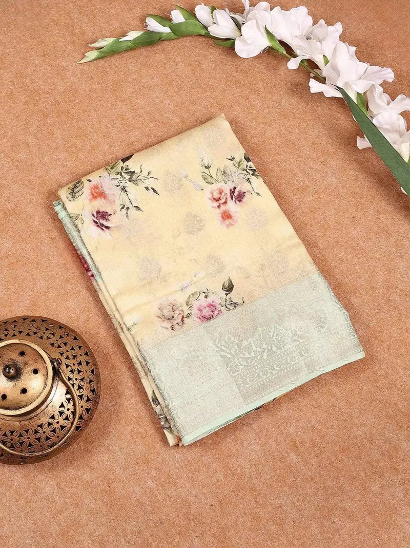 Light Yellow Banarasi Saree With Floral Design On The Body And Contrast Border 1