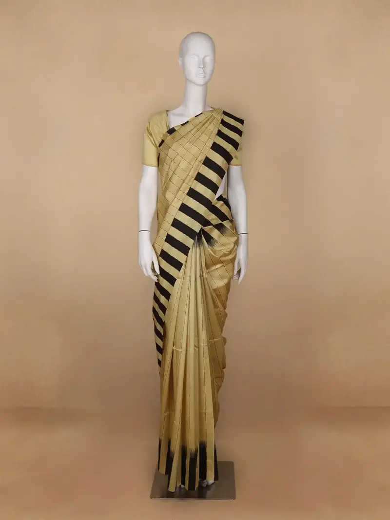 Light Yellow Checkered Semi Tussar Saree 1