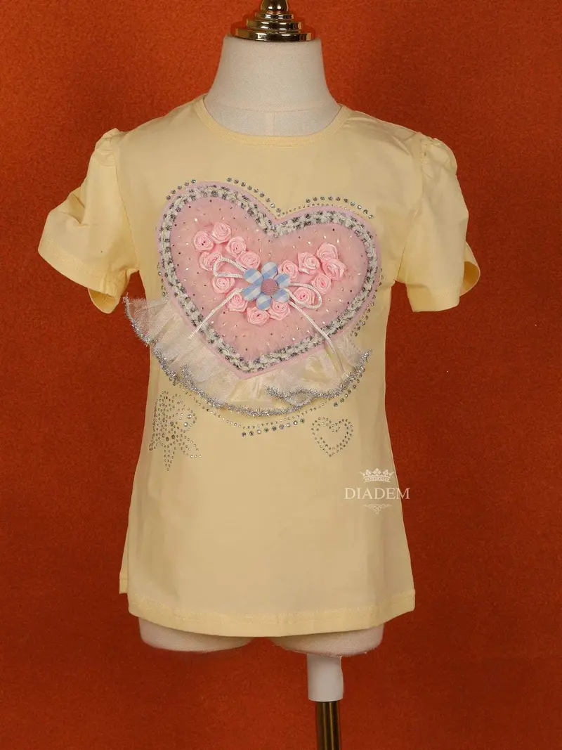 Light Yellow Cotton Half Sleeve Embroidery T-Shirt For Girls 1