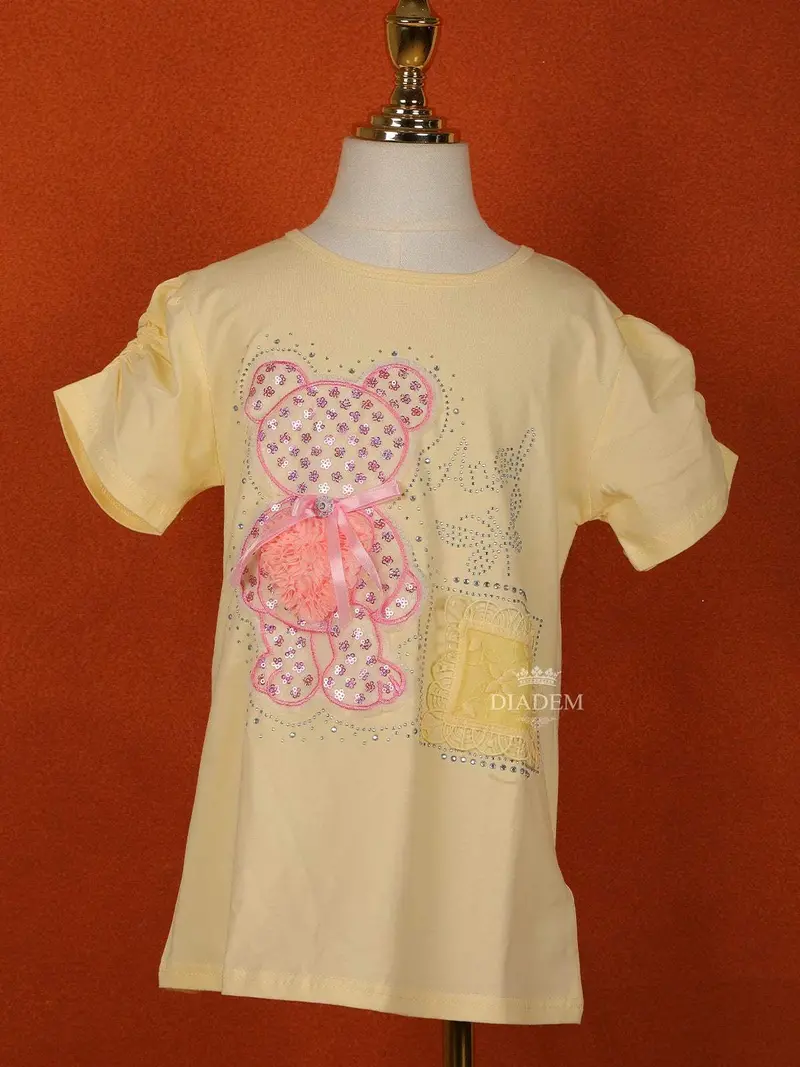 Light Yellow Cotton Half Sleeve T-Shirt For Girls 1