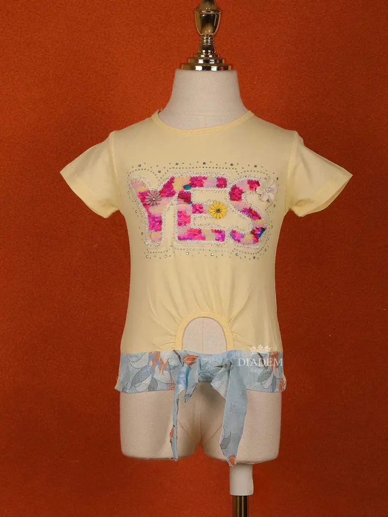 Light Yellow Cotton Half Sleeve T-Shirt For Girls 1