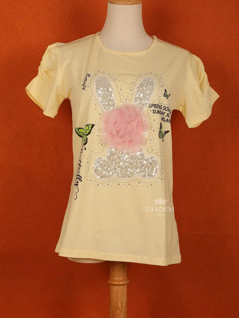 Light Yellow Cotton Half Sleeve T-Shirt For Girls 1