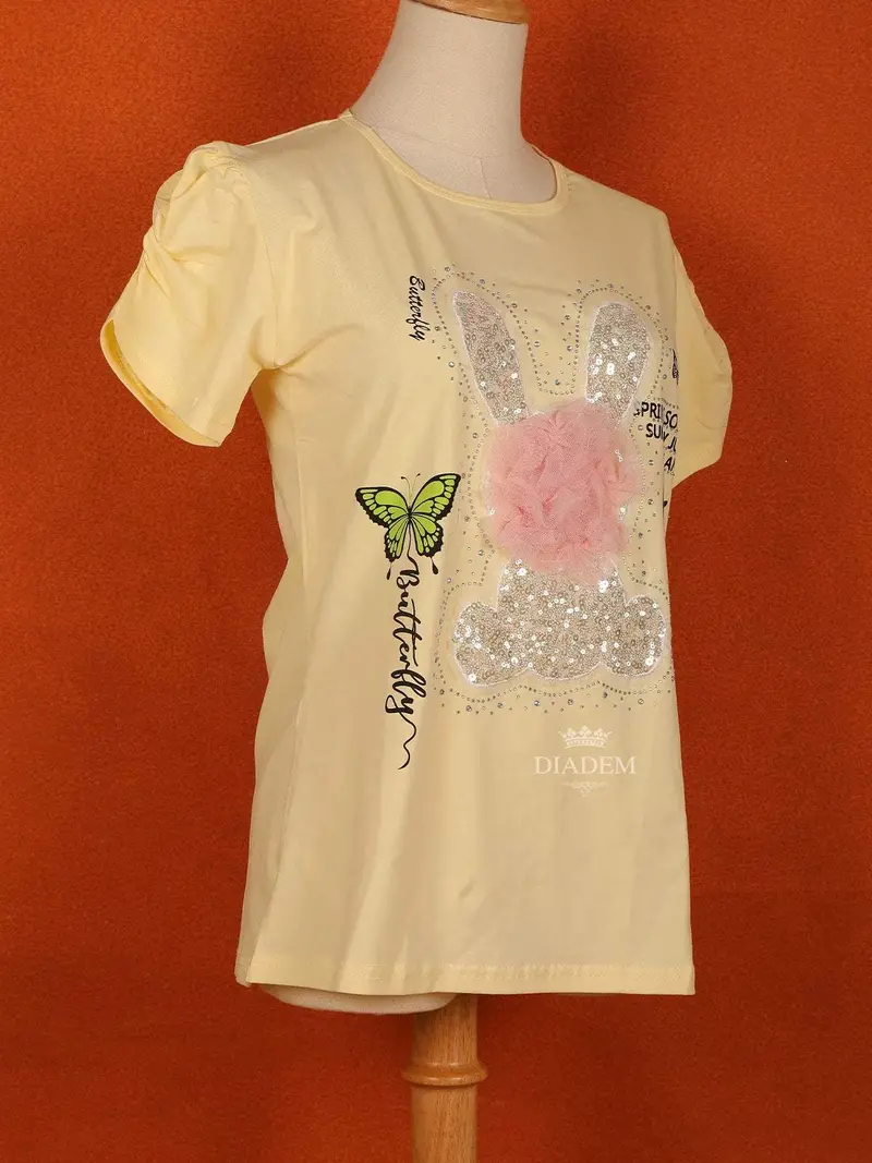 Light Yellow Cotton Half Sleeve T-Shirt For Girls 2
