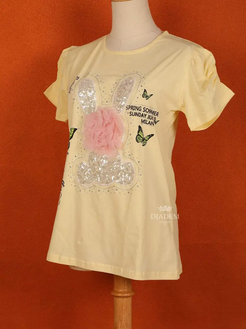 Light Yellow Cotton Half Sleeve T-Shirt For Girls 3
