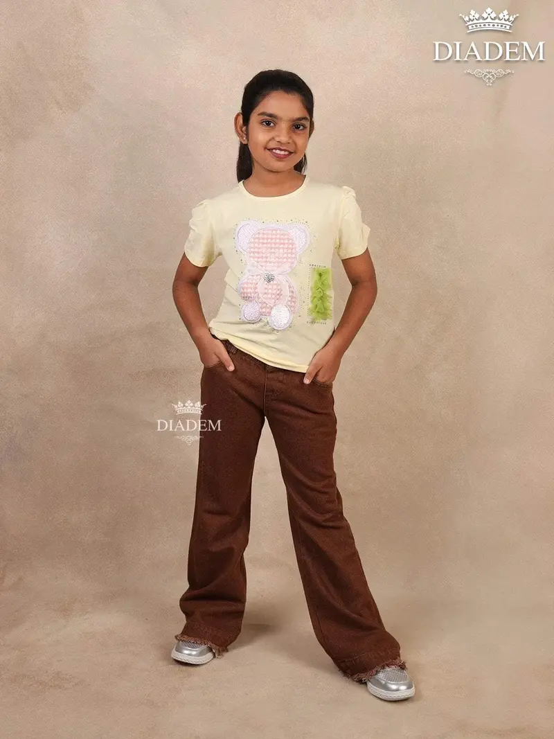 Light Yellow Cotton Half-Sleeve T-Shirt With Applique 1