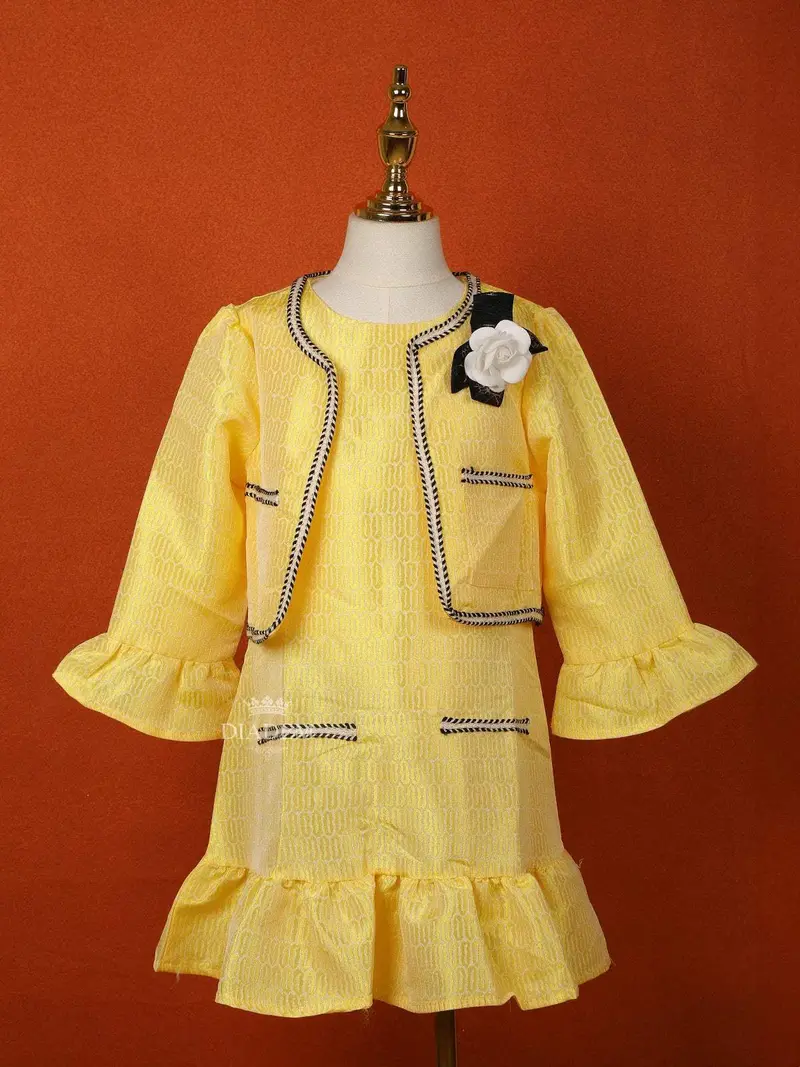 Light Yellow Crepe Frock Paired With Matching Full Sleeve Overcoat 1