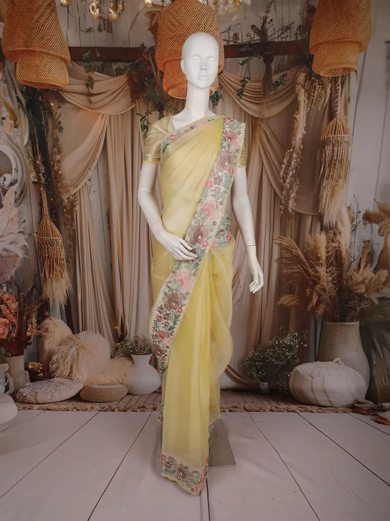 Light Yellow Floral Butta Design Organza Saree 1