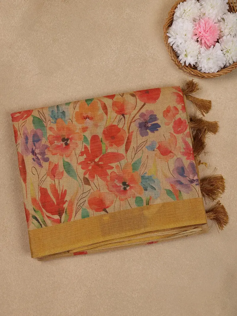 Light Yellow Floral Design Semi Tussar Saree 1