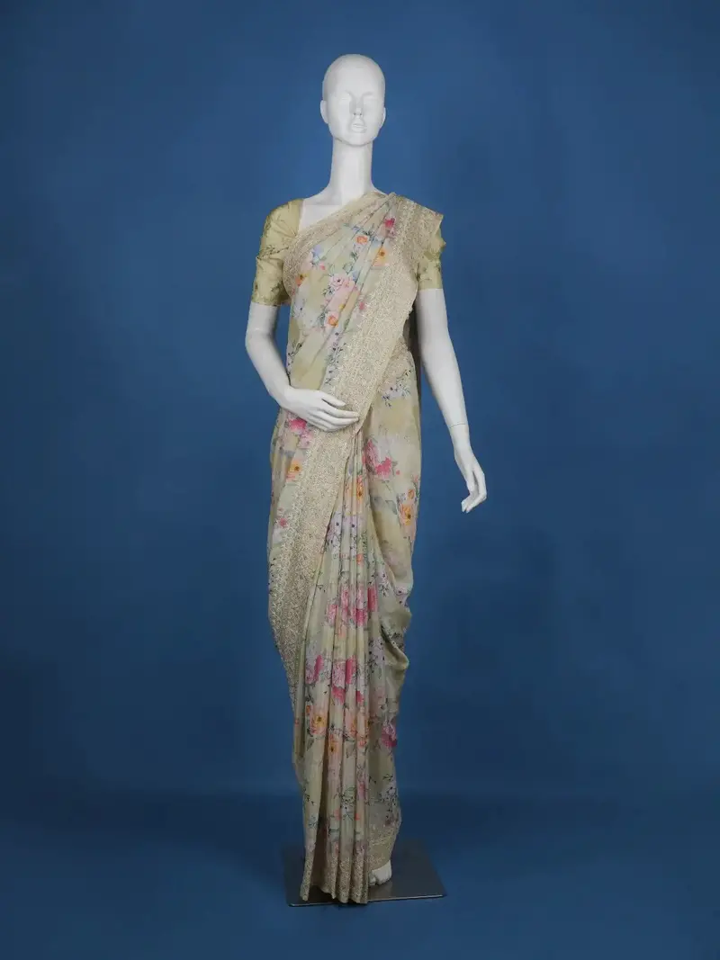 Light Yellow Floral Designed Chiffon Saree 1