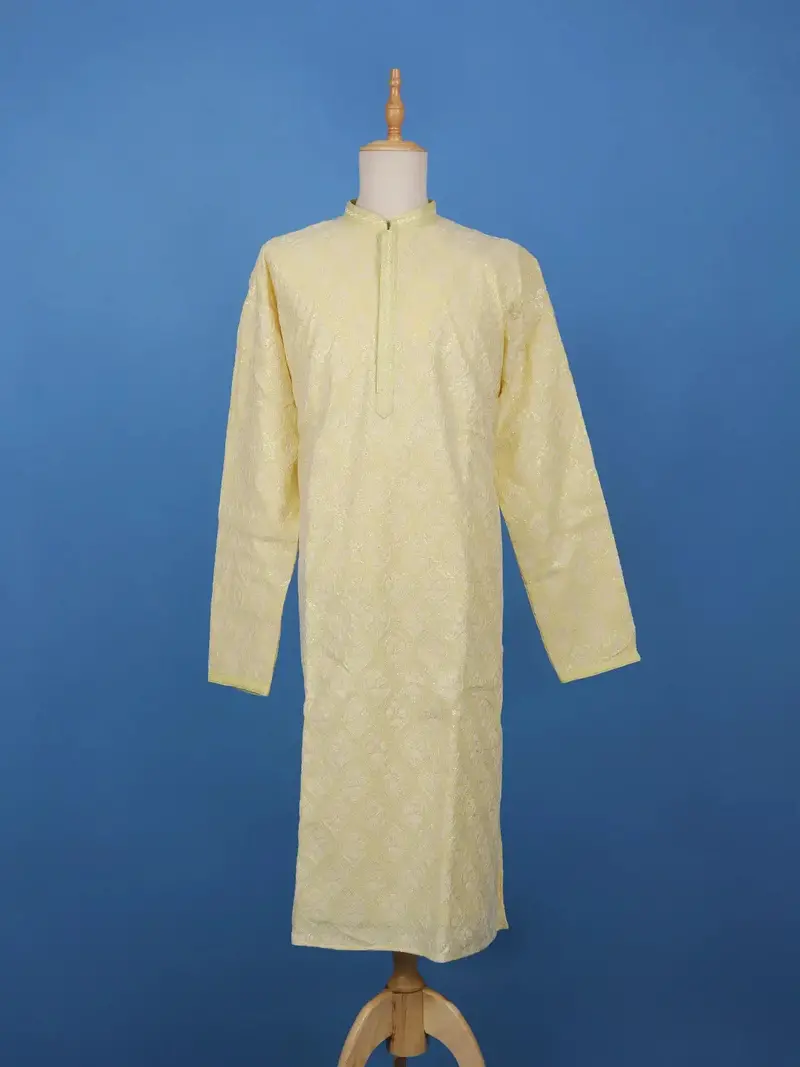 Light Yellow Floral Designed Cotton Kurta Set 1