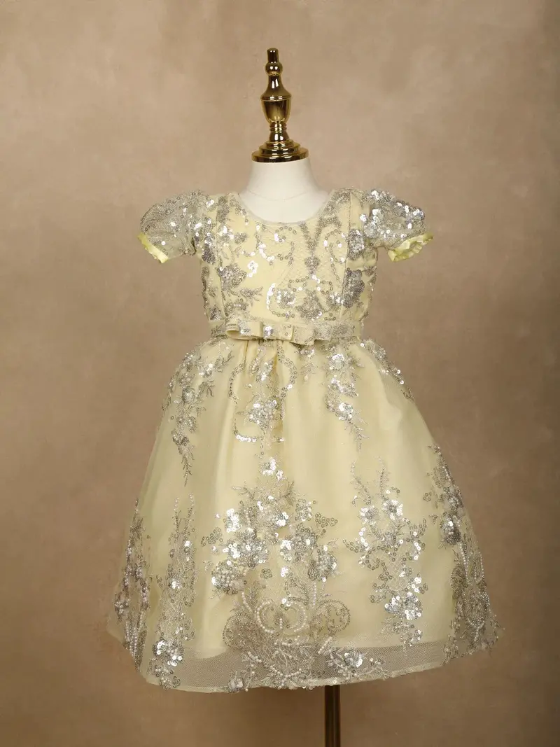 Light Yellow Floral Designed Party Gown For Girls 1