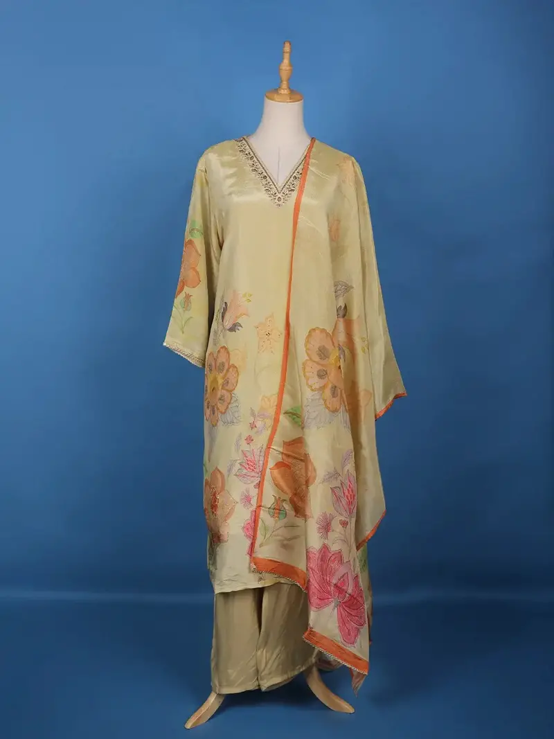 Light Yellow Floral Designed Tissue Silk Salwar Suit 1