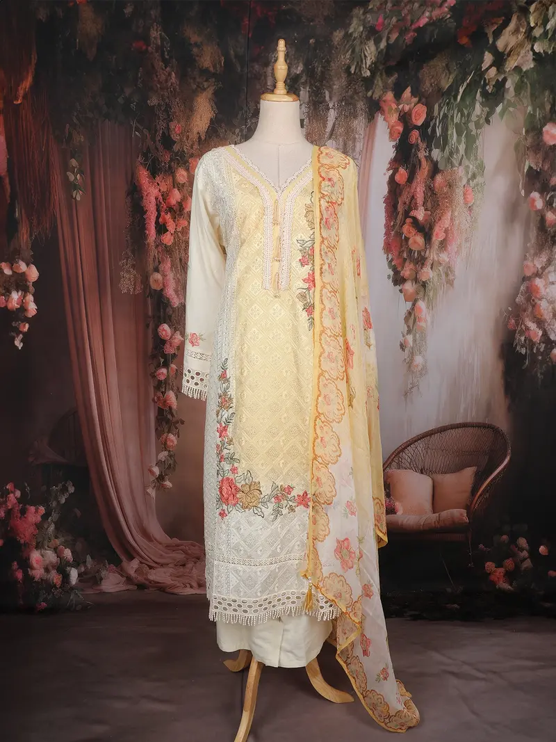 Light Yellow Floral Embroidered Design Cotton Straight Cut Salwar Suit 1