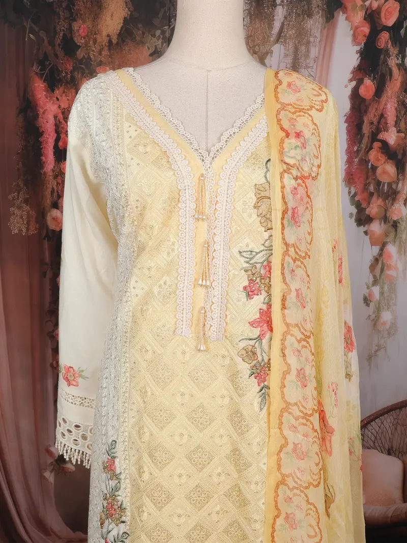 Light Yellow Floral Embroidered Design Cotton Straight Cut Salwar Suit 2