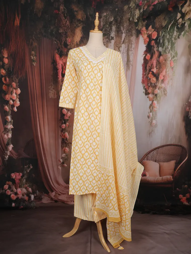 Light Yellow Floral Print Cotton Salwar With Dupatta 1
