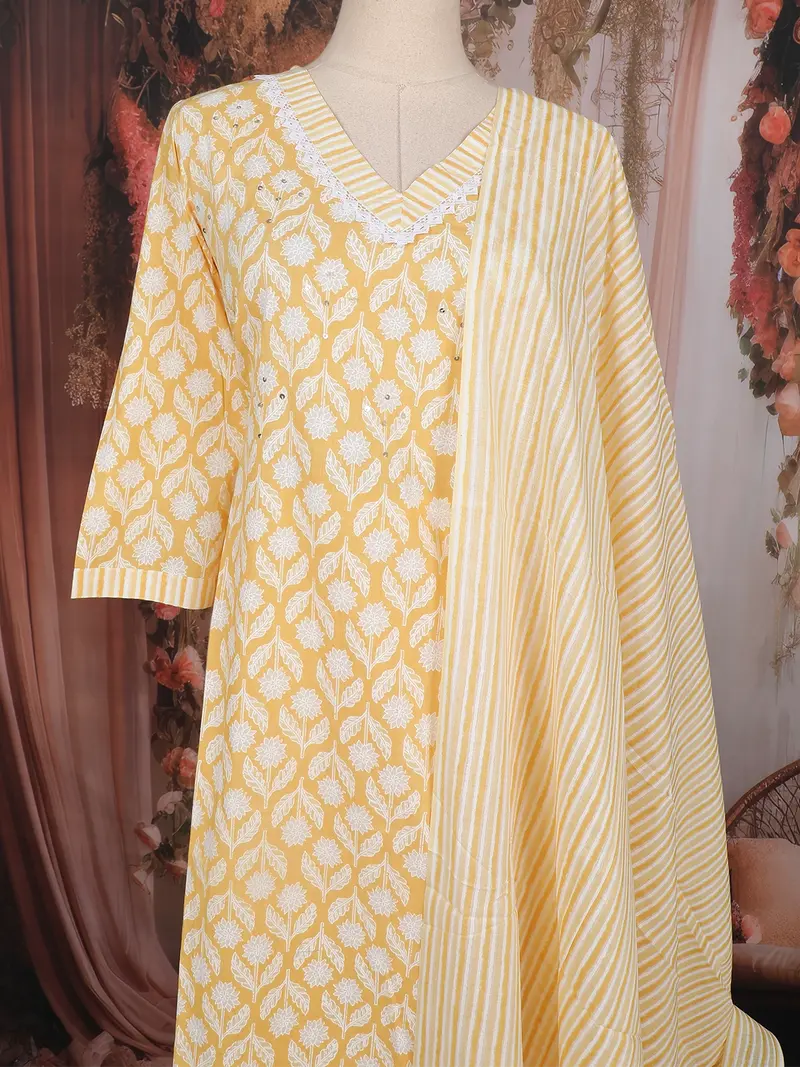 Light Yellow Floral Print Cotton Salwar With Dupatta 2