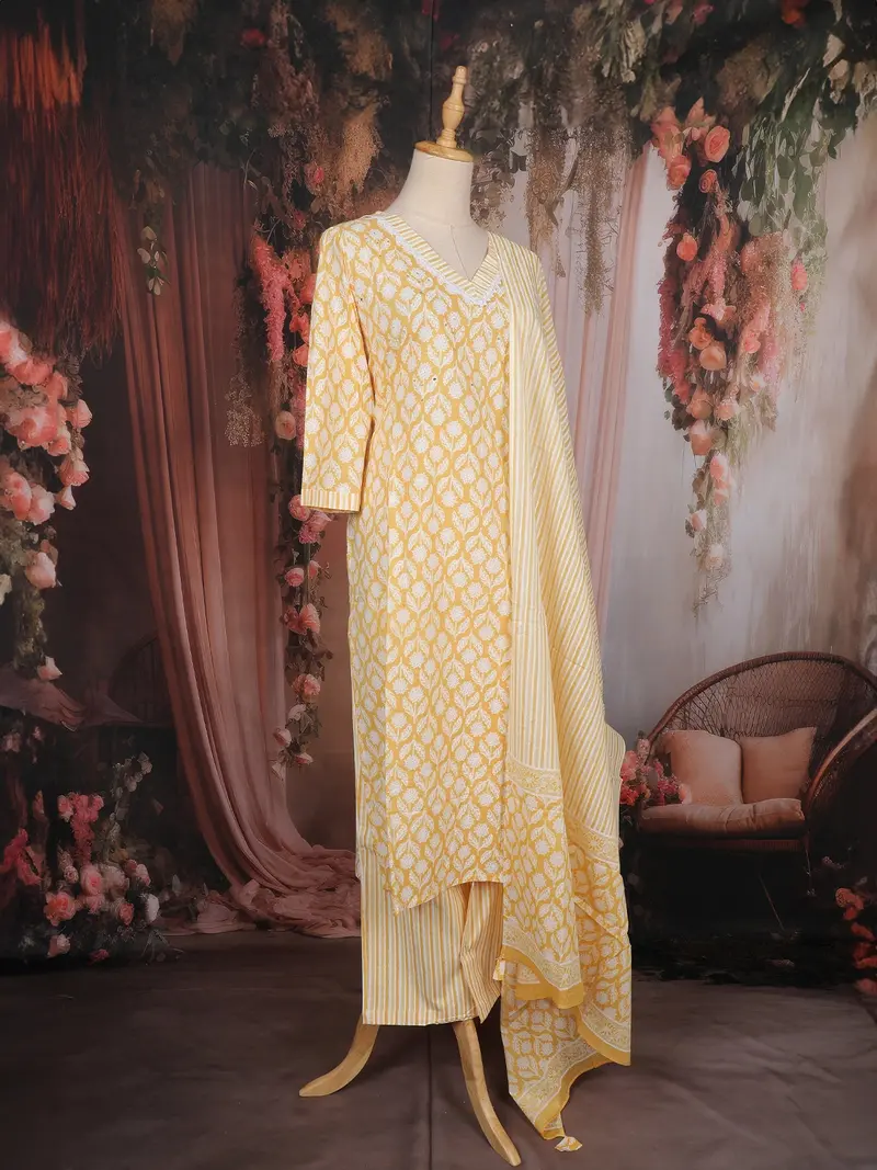 Light Yellow Floral Print Cotton Salwar With Dupatta 3