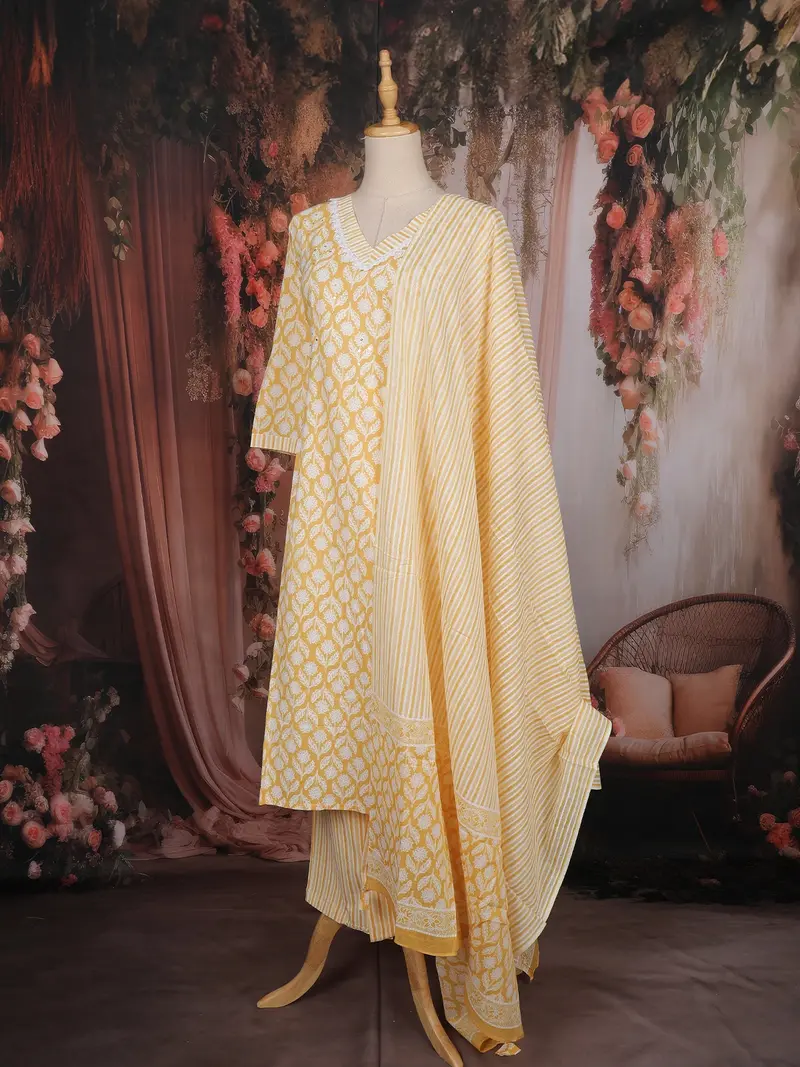 Light Yellow Floral Print Cotton Salwar With Dupatta 4
