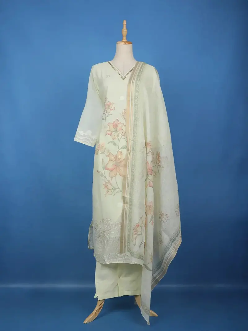 Light Yellow Floral Printed Cotton Salwar With Dupatta 1