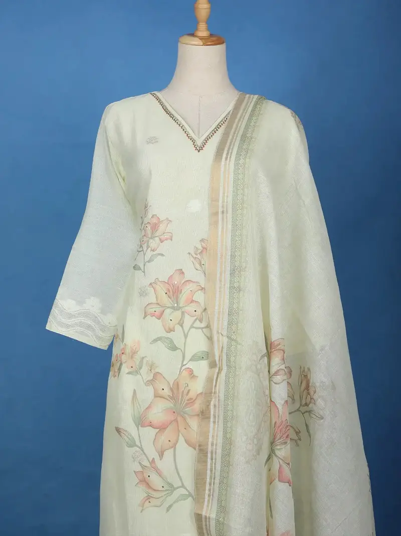 Light Yellow Floral Printed Cotton Salwar With Dupatta 2