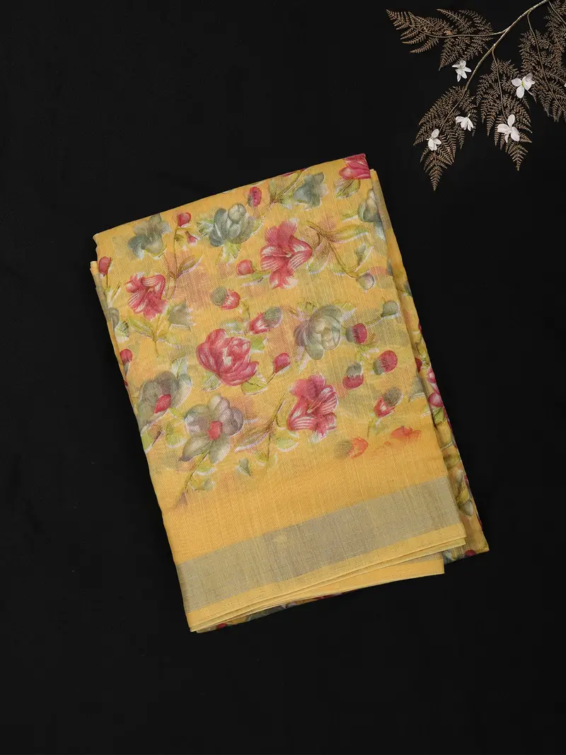 Light Yellow Floral Printed Design Blended Cotton Saree 1