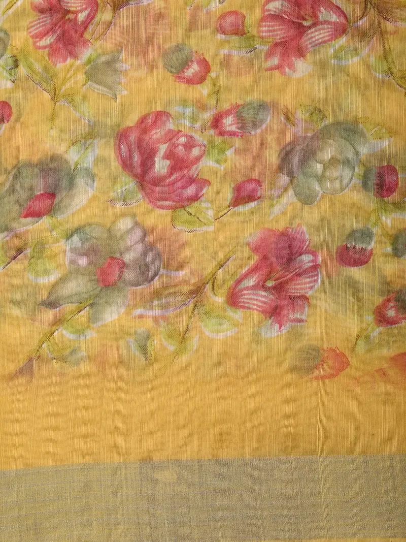Light Yellow Floral Printed Design Blended Cotton Saree 2