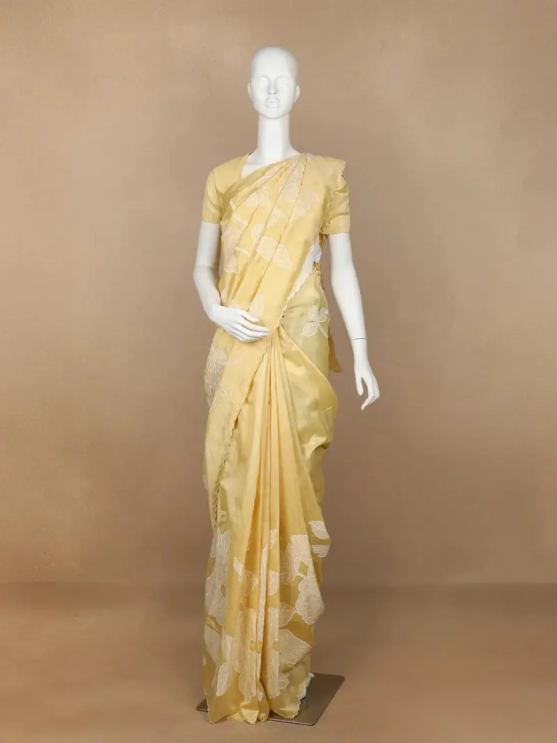 Light Yellow Floral Prints Semi Tussar Silk Saree 1