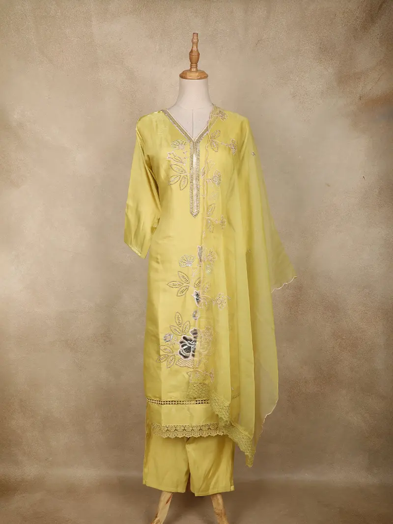 Light Yellow Floral Sequins Embroidered Tissue Silk Salwar Suit With Dupatta 1