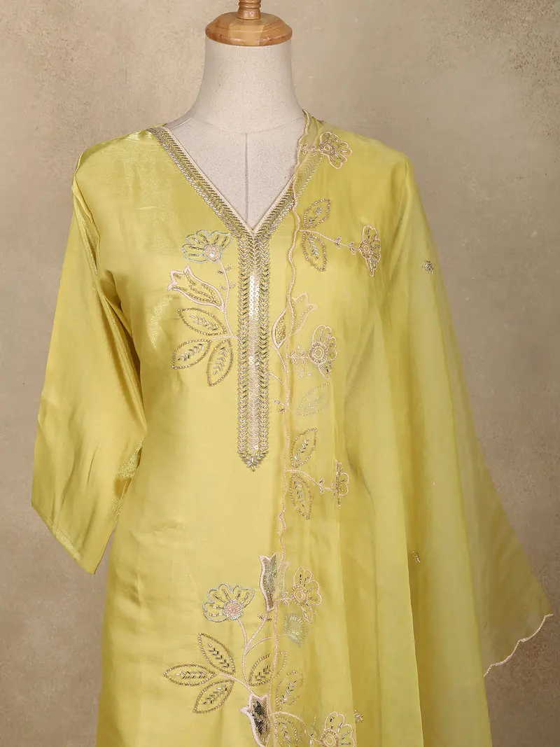 Light Yellow Floral Sequins Embroidered Tissue Silk Salwar Suit With Dupatta 2