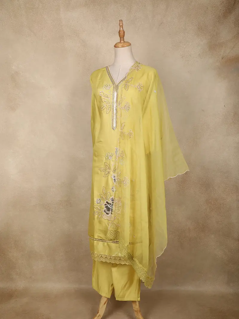 Light Yellow Floral Sequins Embroidered Tissue Silk Salwar Suit With Dupatta 3
