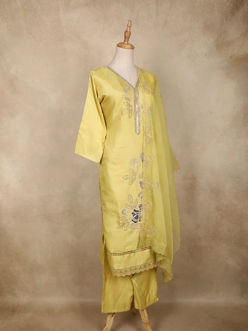Light Yellow Floral Sequins Embroidered Tissue Silk Salwar Suit With Dupatta 4