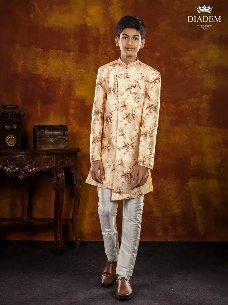 Light Yellow Indo Western Sherwani Enhanced In Floral Prints With Brooch 1