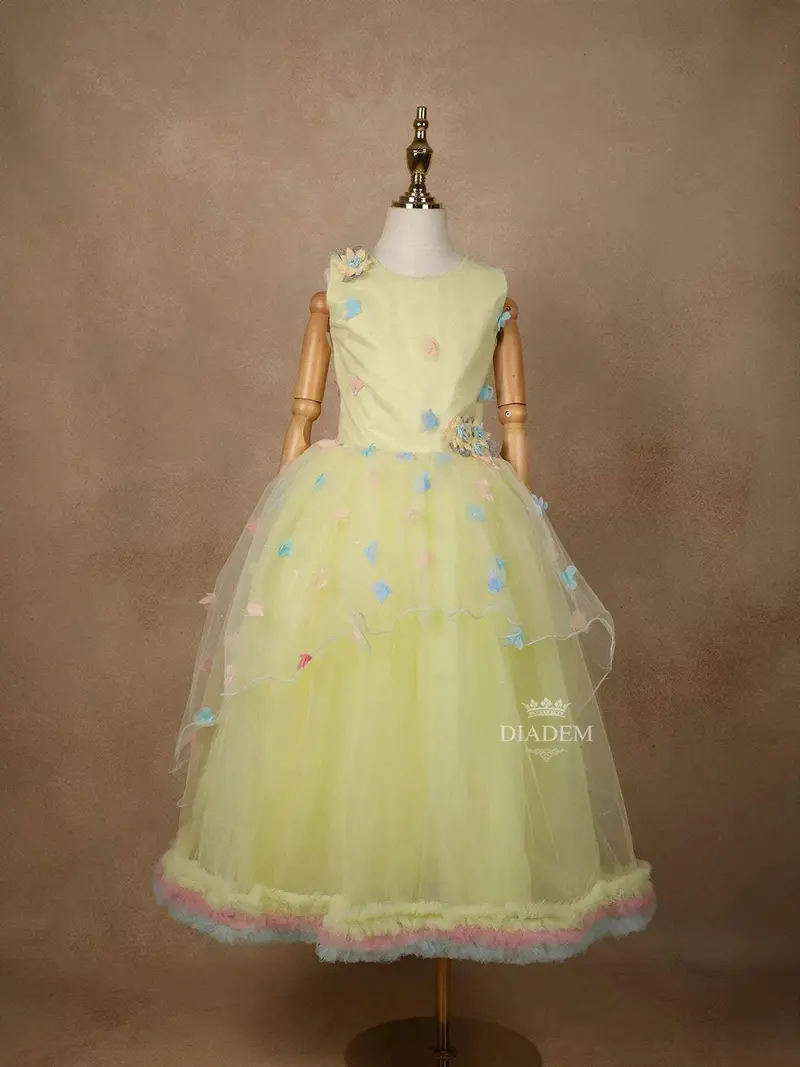 Light Yellow Net Ball Gown Adorned With 3D Flowers 1