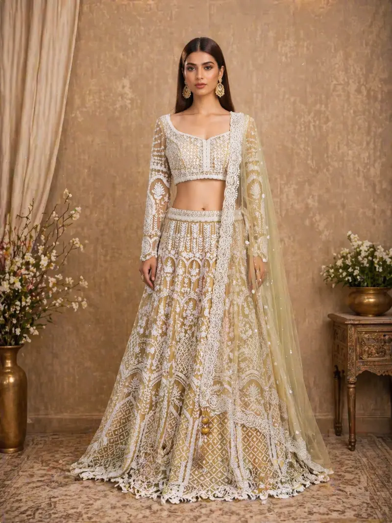 Light Yellow Net Bridal Lehenga With Floral Embroidery 1