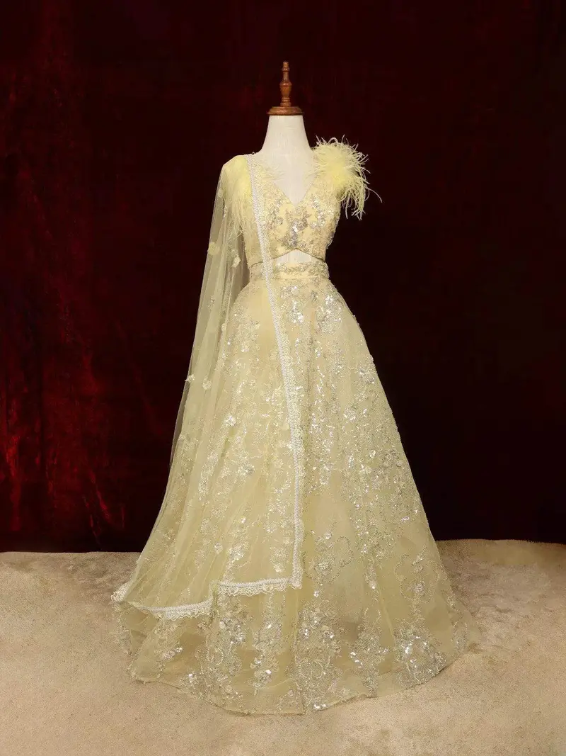 Light Yellow Net Bridal Lehenga With Floral Sequins Beads 1